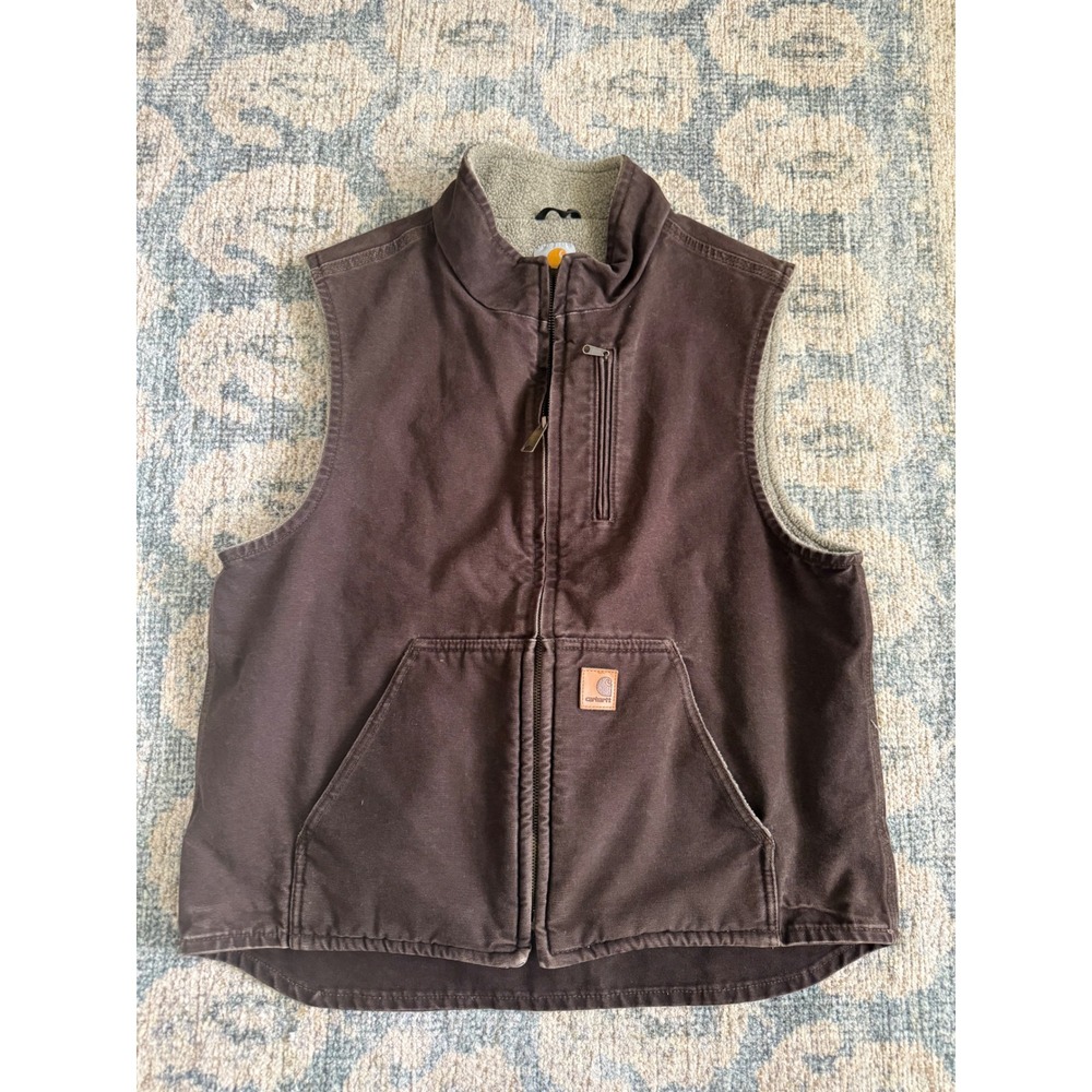 Carhartt Sherpa Lined Canvas Vest Brown Mens Large Black Excellent Condition